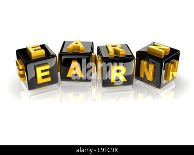 yellow 3d text EARN on reflective black cubes. Stock Photo