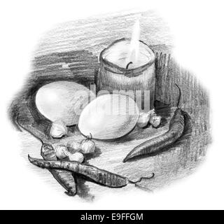 Eggs, peppers, crocus bulbs and candle light still life. Pencil sketch drawing in black and white. Stock Photo