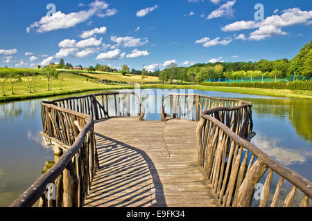 Lake in green nature wooden boardwalk Stock Photo