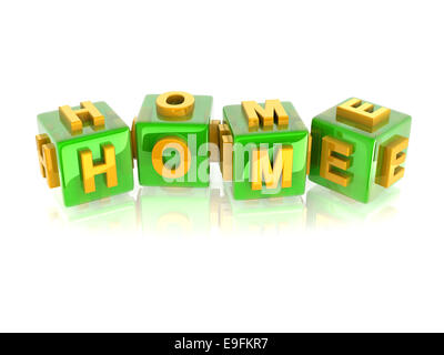 yellow 3d text HOME on reflective green cubes. Stock Photo