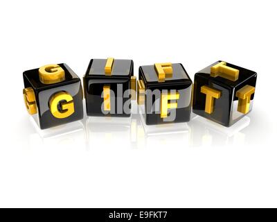 yellow 3d text GIFT on reflective black cubes. Stock Photo