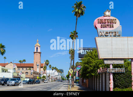 Sunset Boulevard looking towards Crossroads of the World, Sunset Strip, West Hollywood, Los Angeles, California, USA Stock Photo