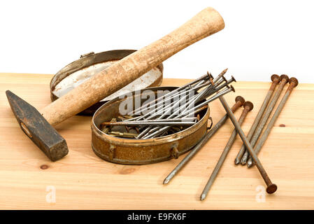 old used tools on the wooden desk Stock Photo