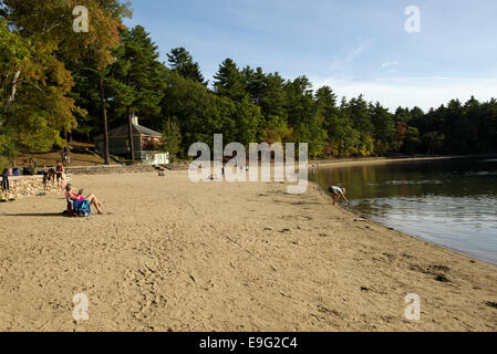 Scenic view of Walden Pond with people at leisure Concord MA Massachusetts USA Stock Photo