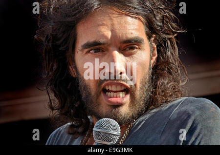 Russell Brand, comedian, speaking at The People's Assembly demonstration against Austerity, Parliament Square, London, 21st June Stock Photo