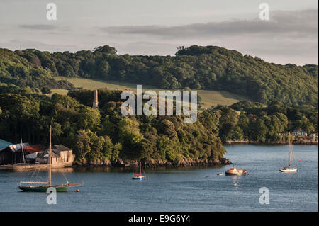 An evening view of the Rame Peninsula, Cornwall, seen from across the River Tamar (the Hamoaze), looking into St John's Lake Stock Photo