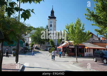 CROSSROAD AND STREET SCENE TOWN CENTER AND CHURCH DONJI MILANOVAC SERBIA SITUATED ON BANKS OF RIVER DANUBE Stock Photo