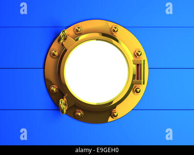 3d render of a brass porthole on blue wooden planking Stock Photo