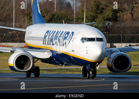 Ryanair Boeing 737-800 taxis onto runway 23R at Manchester airport. Stock Photo