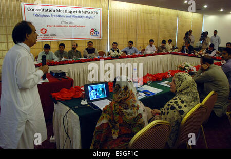 Lahore, Pakistan. 27th Oct, 2014. Senior Journalist, Shamim Shahid addresses during Consultation Meeting with MPAs Khyber Pakhtunkhwa held in Peshawar on Monday, October 27, 2014. Credit:  Asianet-Pakistan/Alamy Live News Stock Photo