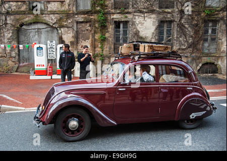 Classic car Peugeot 202 during the Embouteillage de la Route Nationale 7, happening for antique cars at Lapalisse, France Stock Photo