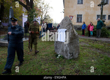 Hojna Voda village, Czech Republic. 27th Oct, 2014. The monument in memory of Czechoslovak WWII pilot in the British Royal Air Force (RAF) Frantisek Binder was unveiled in Hojna Voda village, Novohradske Mountains, Czech Republic, October 27, 2014. Credit:  CTK/Alamy Live News Stock Photo