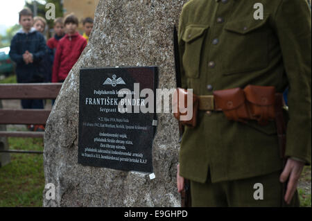 Hojna Voda village, Czech Republic. 27th Oct, 2014. The monument in memory of Czechoslovak WWII pilot in the British Royal Air Force (RAF) Frantisek Binder was unveiled in Hojna Voda village, Novohradske Mountains, Czech Republic, October 27, 2014. Credit:  CTK/Alamy Live News Stock Photo