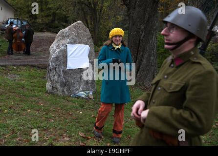 Hojna Voda village, Czech Republic. 27th Oct, 2014. The monument in memory of Czechoslovak WWII pilot in the British Royal Air Force (RAF) Frantisek Binder was unveiled in Hojna Voda village, Novohradske Mountains, Czech Republic, October 27, 2014. Credit:  CTK/Alamy Live News Stock Photo