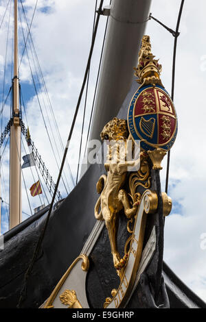Close-up of the starboard bow of the SS Great Britain showing the gold lion and coat of arms. The ship was launched in 1843. Stock Photo