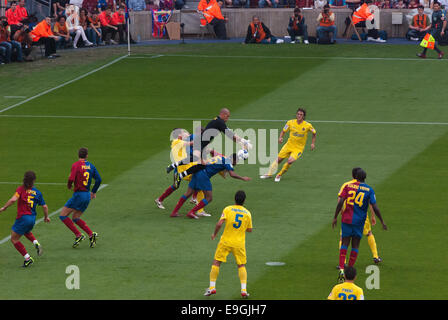 BARCELONA - MAY 9: The goalkeeper catches the ball on May 9, 2009 in Barcelona, Spain. F.C Barcelona against Villarreal. Stock Photo