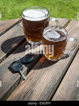 Car keys and pints of beer on a wooden beer garden table