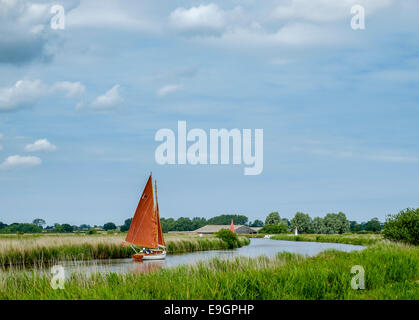 A sailing boat with a red sail on the river Thurne. Stock Photo