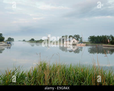 A view across the river Thurne at dawn on a misty summer morning. Stock Photo