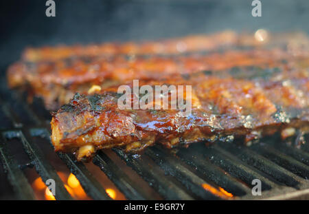 Slow cooked smoked, barbecued pork spare ribs. Stock Photo