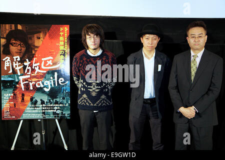 Shingo Ota, Akinobu Kawatsu, Kotaro Date, Oct 27, 2014 : Tokyo, Japan : Director Shingo Ota, Associate Producer and Line producer Akinobu Kawatsu and Producer Kotaro Date pose for the cameras during the stage greeting of the movie 'Fragile' at TOHO CINEMAS in Roppongi on October 27, 2014, Tokyo, Japan. The 27th Tokyo International Film Festival is one of the biggest film festival in Asia and runs from October 23 to 31. Credit:  Aflo Co. Ltd./Alamy Live News Stock Photo