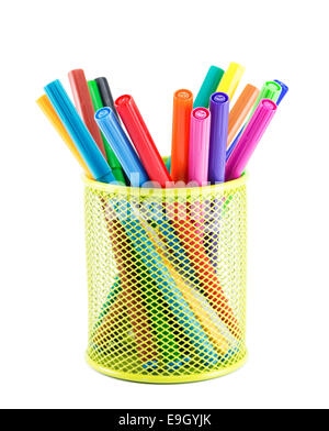 Colourful markers in holder on a white background Stock Photo