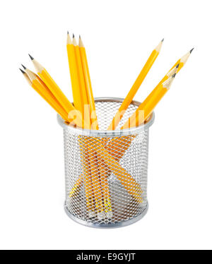 Yellow pencils in metal pot on a white background Stock Photo