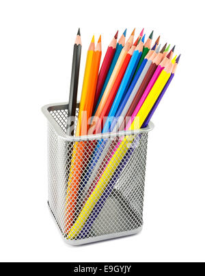 Colored pencils in pot isolated on white background Stock Photo