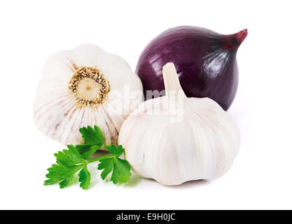 garlic and onion with parsley leaves on a white background Stock Photo