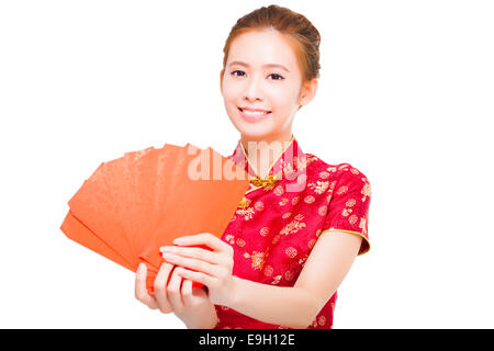 beautiful young asian woman holding red bag for rich Stock Photo