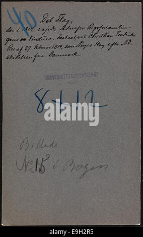 This image shows the flag of Norway from 1814, captured at Eidsvoll, where the Norwegian constitution was signed. The photograph features a cabinet card style portrait by Halvor Brinchmann. Stock Photo