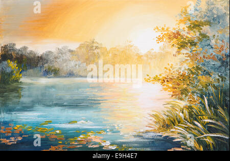 painting - sunset on the lake, bright sunset Stock Photo