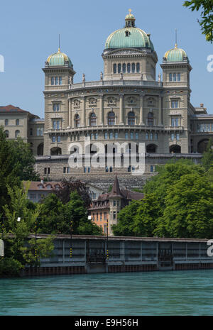 Bundeshaus or Palais fédéral, Swiss parliament building, with the Aar River or Aare River, Bern, Canton of Bern, Switzerland Stock Photo