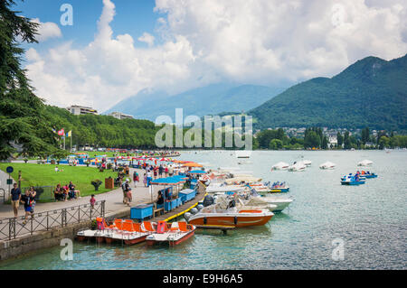 View of Lake Annecy, France, Europe with boats Stock Photo