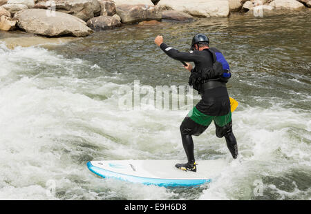 Man on a stand-up paddle board in the rapids of River Arkansas at Buena Vista, Colorado, USA Stock Photo