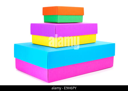 a pile of boxes with different colors on a white background Stock Photo