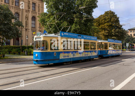 Old Munich Tram, with tourists during Oktoberfest, Munich, Upper Bavaria, Germany, Europe. Stock Photo