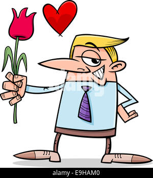 Cartoon Illustration of Funny Man in Love with Flower Stock Photo