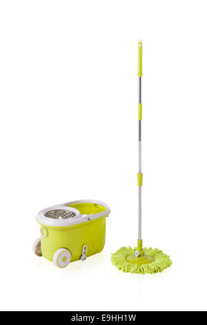 Green cleaning mop and bucket isolated on white background Stock Photo