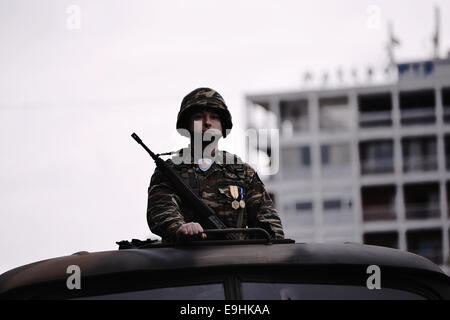 Thessaloniki, Greece. 28th October, 2014. A Greek soldier in during the parade for the 28th of October anniversary in Thessaloniki, the date that Greece entered the World War II in 1940. Credit:  Giannis Papanikos/Alamy Live News Stock Photo