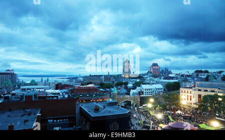 Old Quebec city skyline and extreme sport event at night Stock Photo