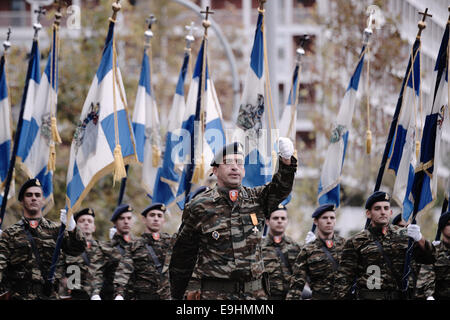 Thessaloniki, Greece. 28th October, 2014. Greek Army soldiers parade in Thessaloniki during the celebrations of the 28th of October anniversary, the date that Greece entered the World War II in 1940. Credit:  Giannis Papanikos/Alamy Live News Stock Photo