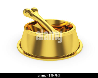 3d render of golden pets bowl with gold bone isolated on white background Stock Photo