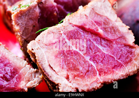 Delicious beef steaks with beetroot and apples gourmet rare Stock Photo