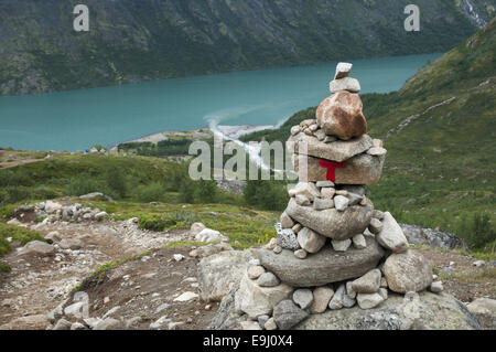 View over Memurubu and Gjende lake from the western ascent to Besseggen, Jotunheimen national park, Oppland county, Norway. Stock Photo