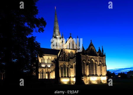 Exterior of the 13th Century Salisbury Cathedral at night, Salisbury City, Wiltshire County, England, UK Stock Photo