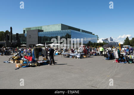 Flea market in front of the Helsinki Music Centre in Helsinki, Finland Stock Photo