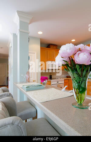 Barstools: Two contemporary bar stools lined up in front of a counter top. Stock Photo