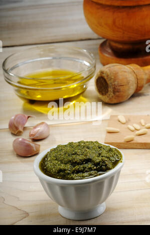 Ingredients for pesto Genovese, green sauce made with basil Stock Photo
