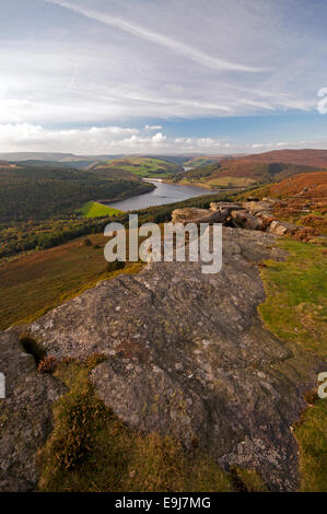 The view from Bamford Edge in the Peak District National Park, with Ladybower Reservoir in the Derwent Valley below.